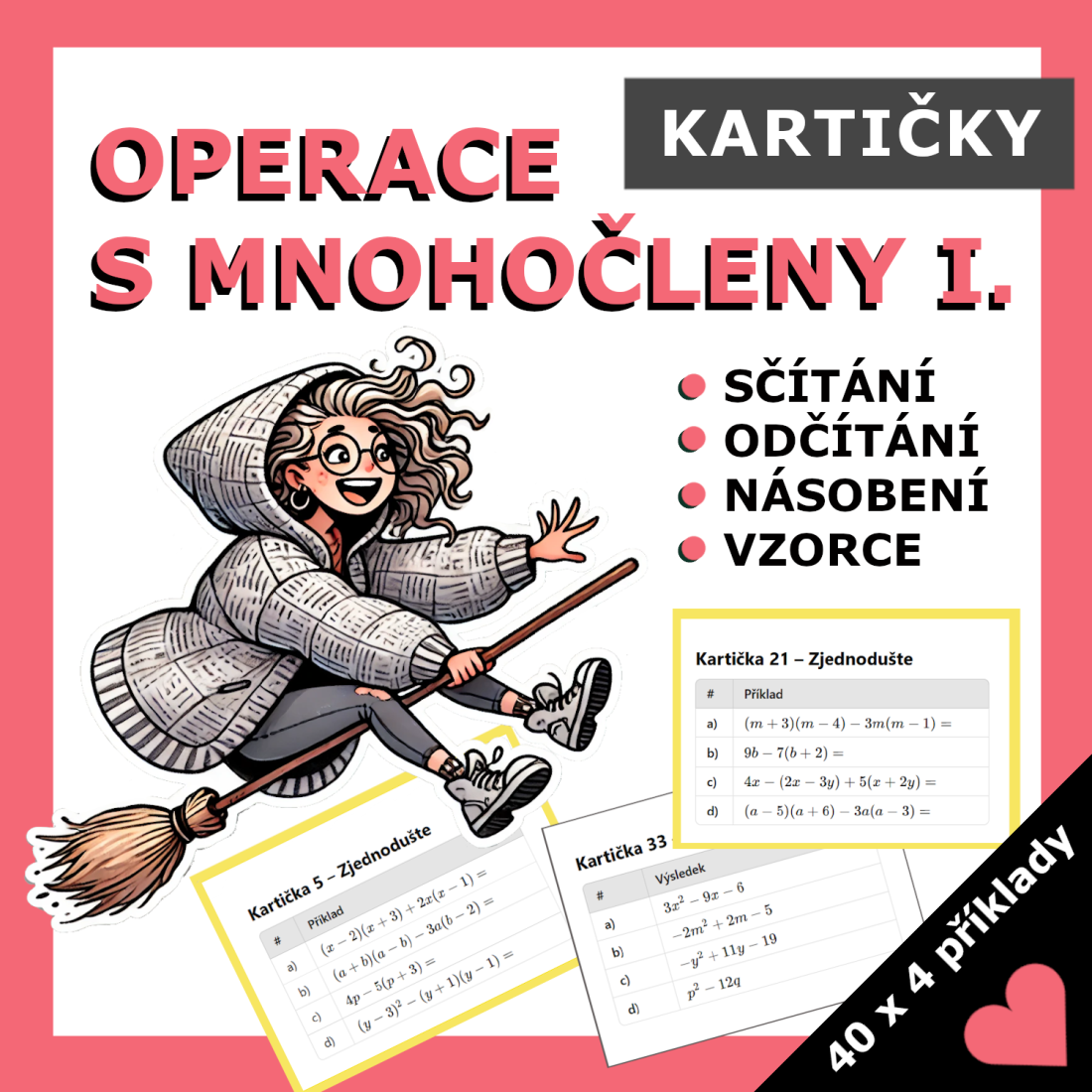 Operace s mnohočleny I. - 40 kartiček se 4 příklady | Učitelnice